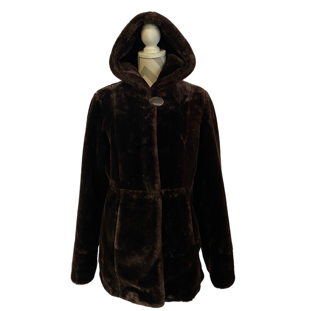 DENNIS BASSO QVC Brown mid- length Faux Fur Coat with hood Size XS